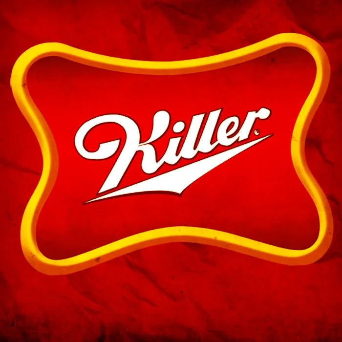 Neon sign with the word 'Killer' in white cursive font on a red background, outlined with yellow neon light.