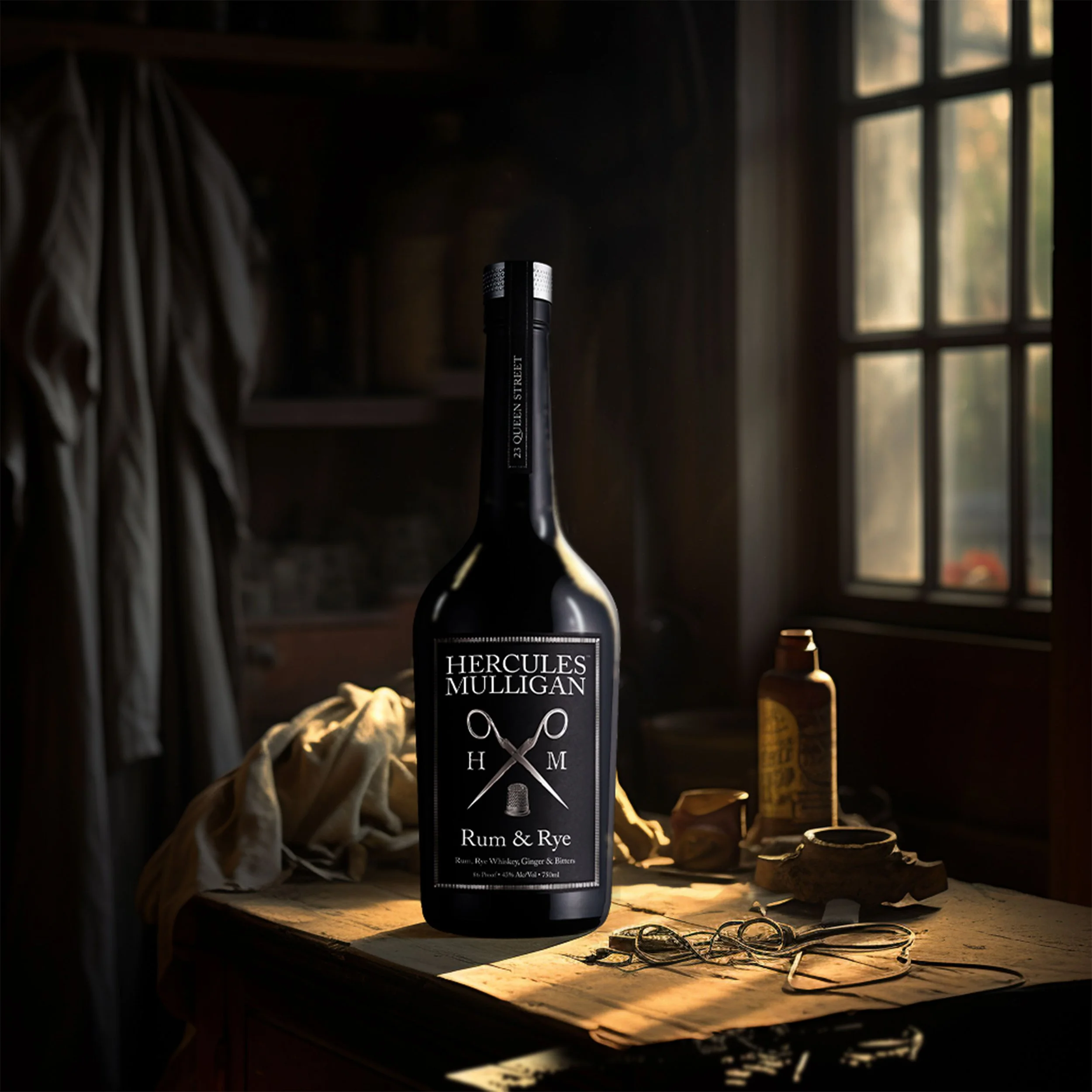 A dark bottle of Hercules Mulligan Rum & Rye on a wooden table near a window with sunlight streaming in. The table has various objects, including a yellow cloth, earrings, and kitchen utensils.
