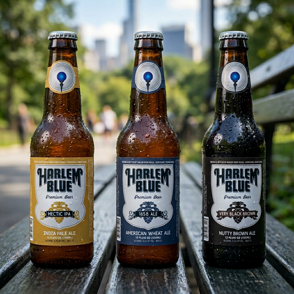 Three bottles of Harlem Blue premium beer on a wet wooden bench in an outdoor park setting with trees and buildings in the background, each with a creative label and a speaker drone head sticker near the cap.