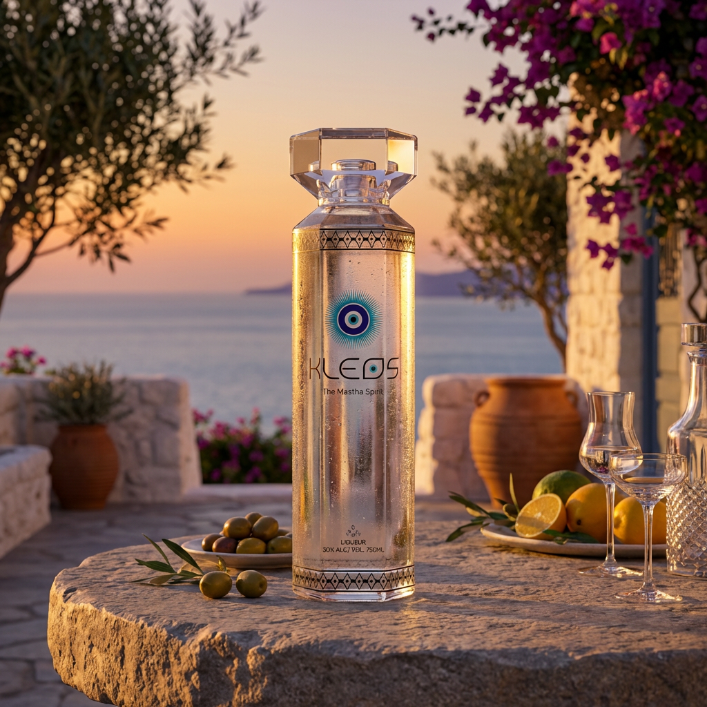 A large bottle of Kleos The Mastiha Spirit on a stone table outdoors at sunset, with a scenic view of the ocean, trees, and pink flowers in the background, surrounded by lemons, olives, and glassware.