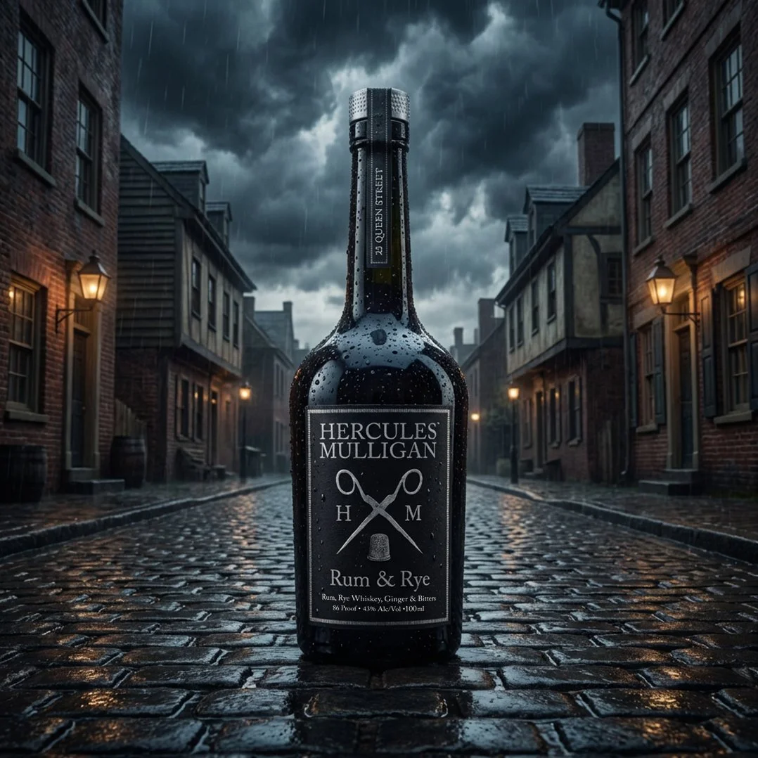 A dark, rainy street scene with cobblestone pavement, flanked by brick buildings with lit wall-mounted lamps, and a large black bottle of Hercules Mulligan Rum & Rye in the foreground, droplets of water on the bottle, under a stormy sky.