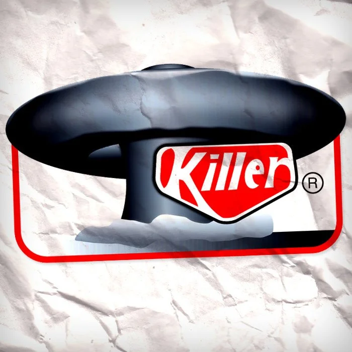 A black mushroom cloud with a red and white sticker reading 'Killer' in stylized text.
