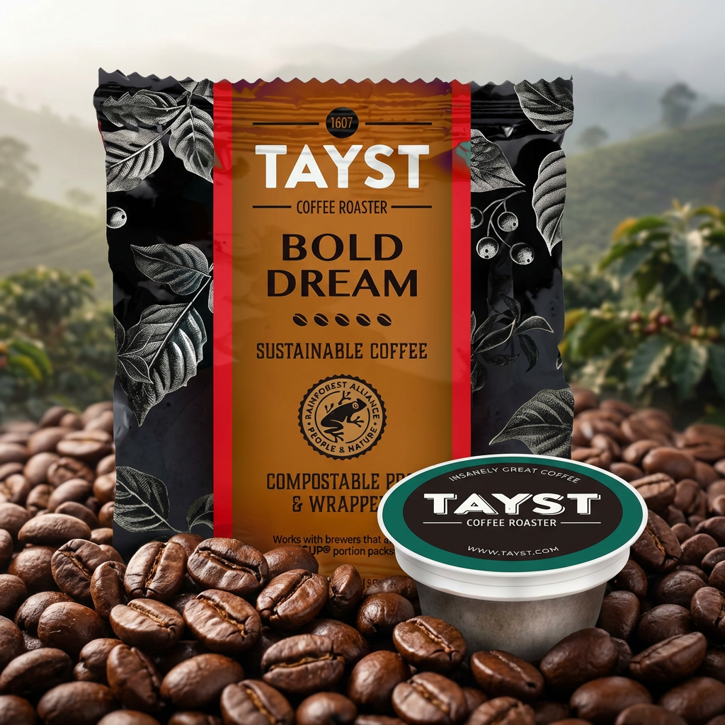 Package of TAYS T Bold Dream sustainable coffee among roasted coffee beans with a coffee pod in front, set outdoors with tea plants and hills in the background.