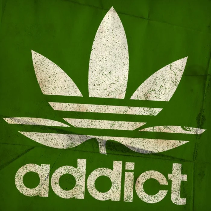 A green background featuring a white stylized flower petal design above the word 'addict' in white lowercase letters with a distressed texture.