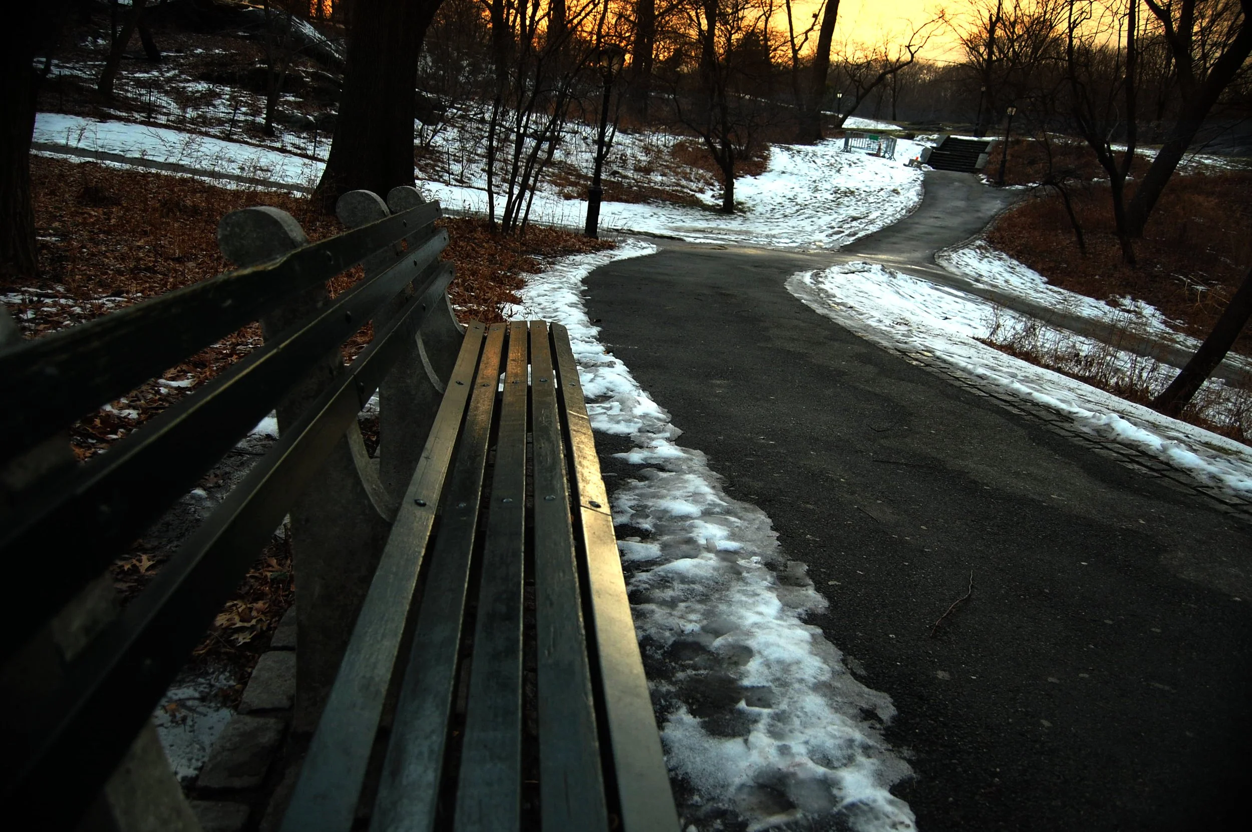 A park pathway with snow on the ground, flanked by leafless trees, at sunset. A bench is visible in the foreground on the left, with a winding path leading into the distance.