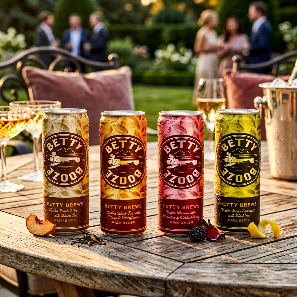 Four colorful cans of Betty Brews alcoholic beverages are displayed on a rustic outdoor table, with glasses of wine and a silver ice bucket in the background. The cans are in front of a blurred group of people socializing in a garden setting.