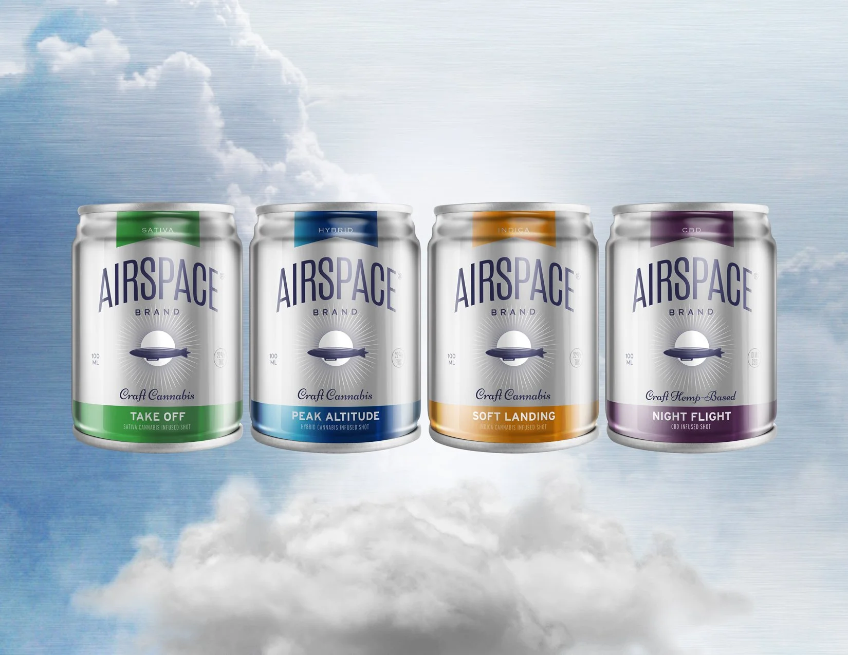Four cans of AIRSPACE cannabis-infused drinks with different flavors and labels, set against a sky background with clouds. The flavors are Take Off, Peak Altitude, Soft Landing, and Night Flight, each with distinct colors and themes.