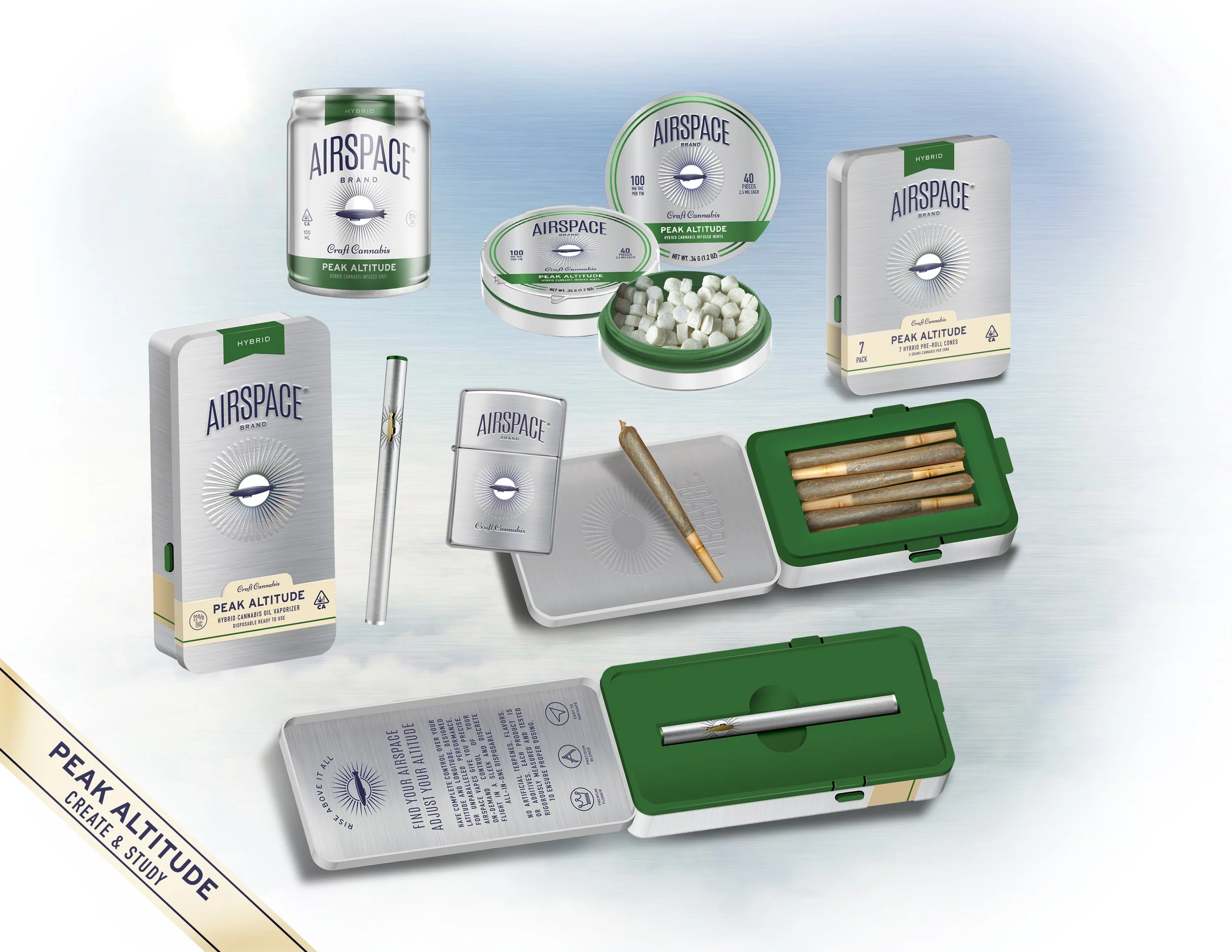 Collection of Airspace cannabis products including cans of infused mints, pre-roll cones, a vaporizer, and packaging, set on a pale surface.