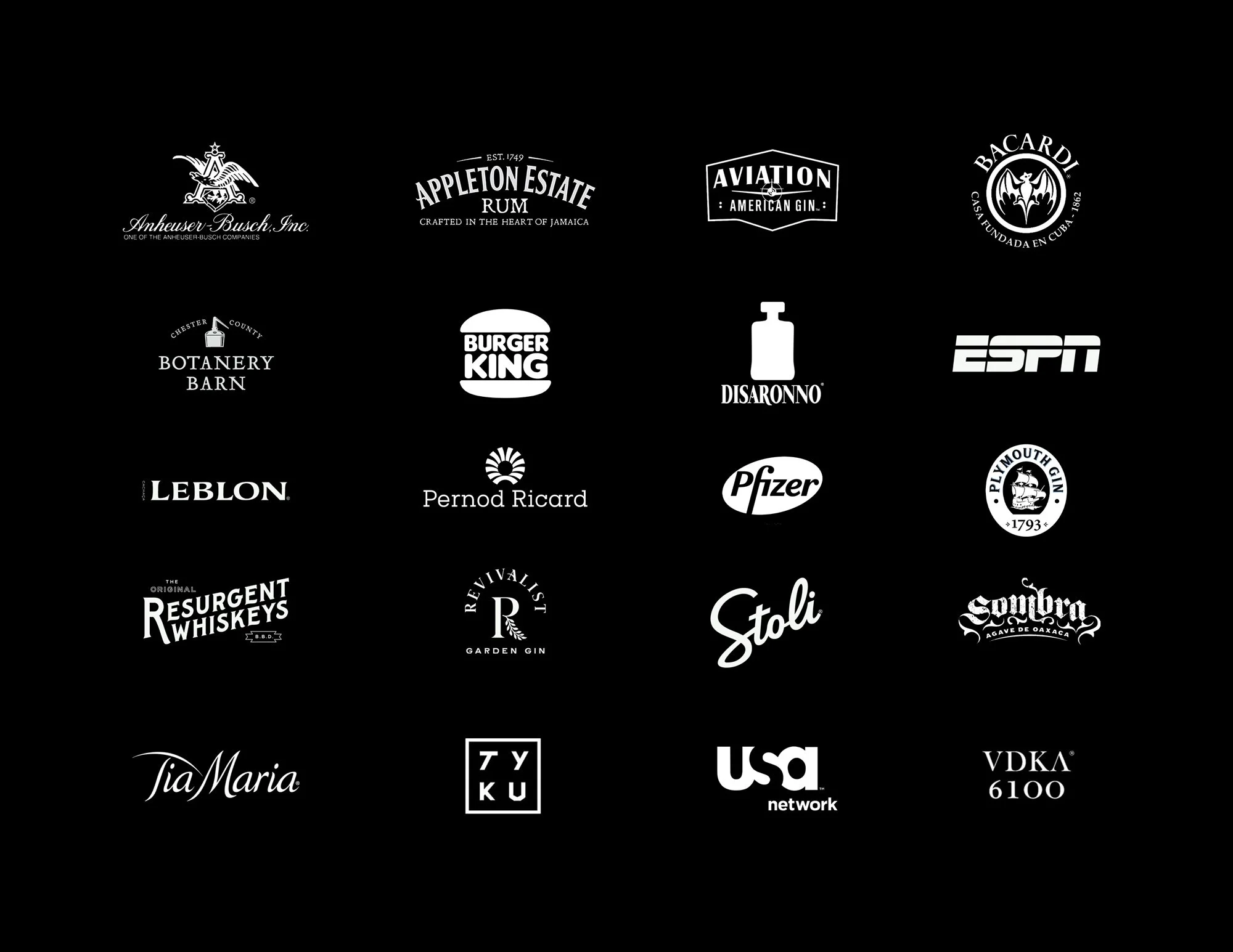 A collection of various brand logos arranged on a black background, including Anheuser-Busch, Appleton Estate Rum, Aviation American Gin, Bacardi, Botany Barn, Burger King, Disaronno, ESPN, Leblon, Pernod Ricard, Pfizer, Plymouth Gin, Resurgent Whiskeys, Revivalist Garden Gin, Stoli, Sobieski, Tia Maria, Tyk Ku, USA Network, and VDKA 6100.