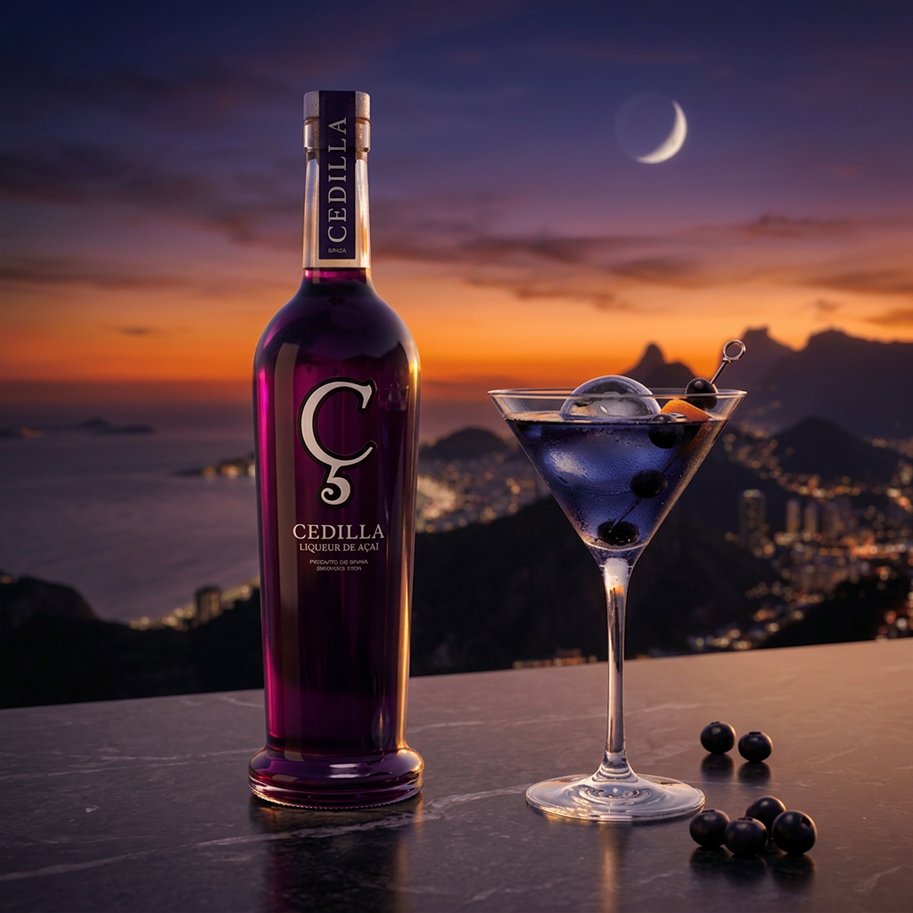 A bottle of Cedilla liqueur and a cocktail glass with blueberries and ice against a sunset over a coastal city and mountains with a crescent moon in the sky.