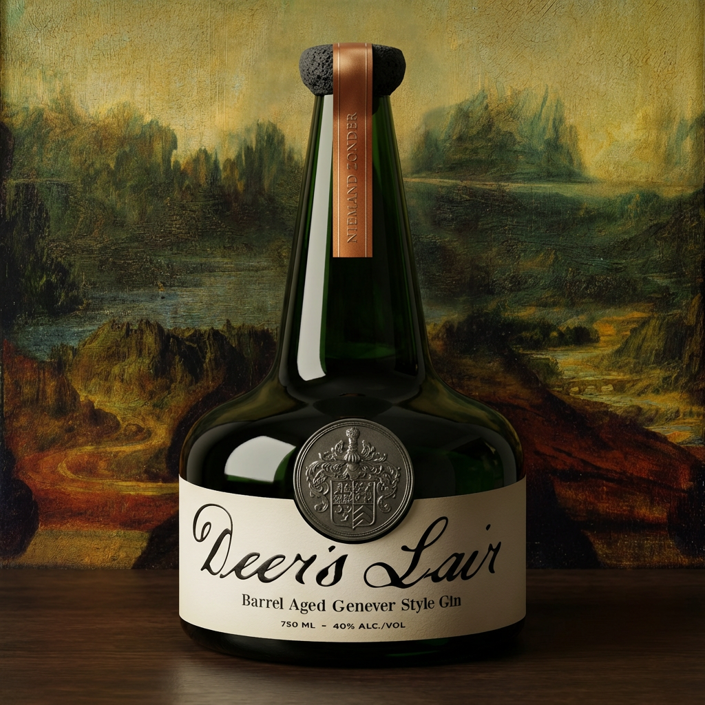 A bottle of Deer’s Lair barrel aged Genever style gin with a landscape painting in the background.