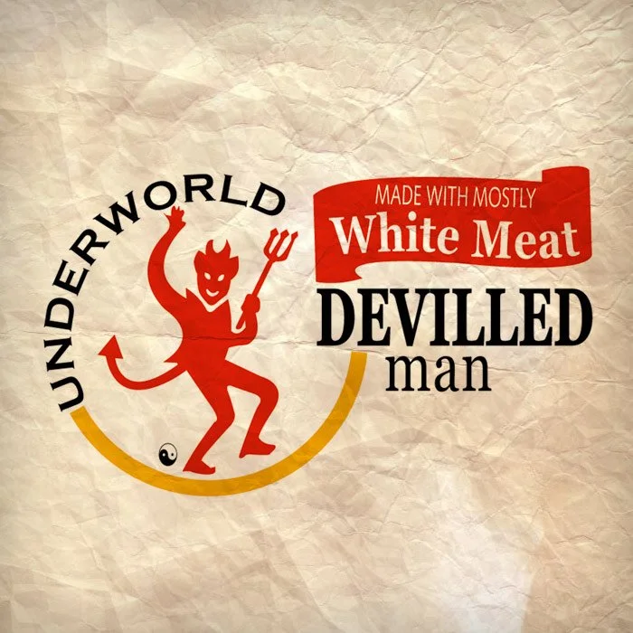 A humorous graphic with a red devil holding a pitchfork, encircled by the words "Underworld" and a yin-yang symbol, and text saying "Made with mostly white meat, devilled man."