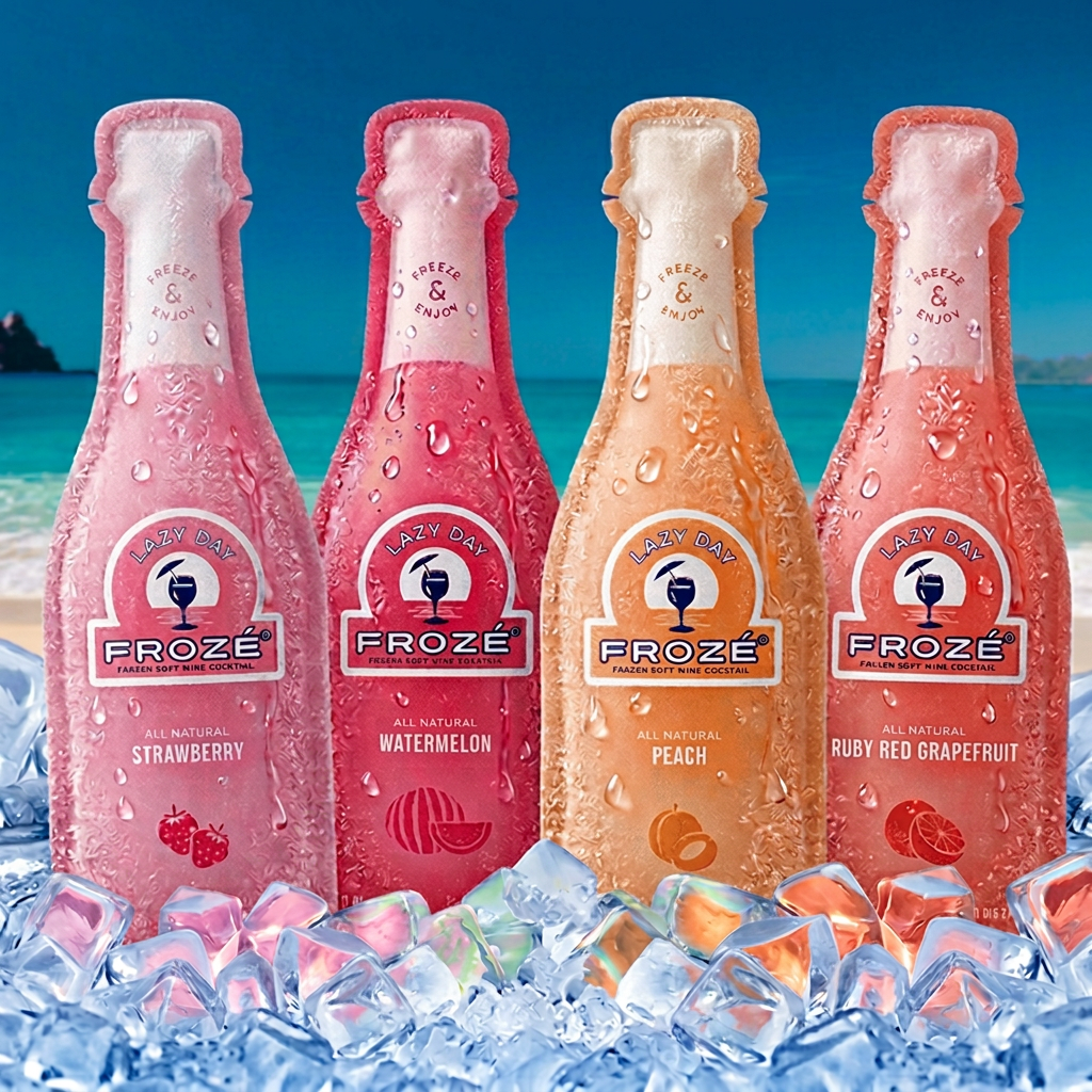 Four bottles of Froze frozen cocktails with flavors including strawberry, watermelon, peach, and ruby red grapefruit, placed in ice with a beach and ocean in the background.