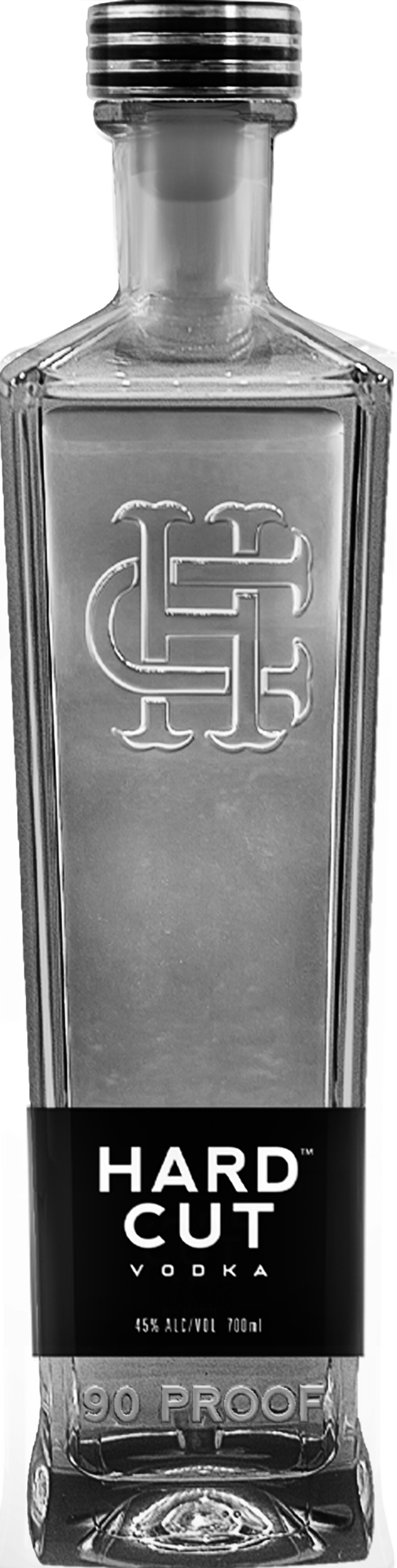 A clear glass bottle of Hard Cut Vodka with a black label, silver cap, and embossed logo on the front. The label indicates 45% alcohol by volume and 700ml size.