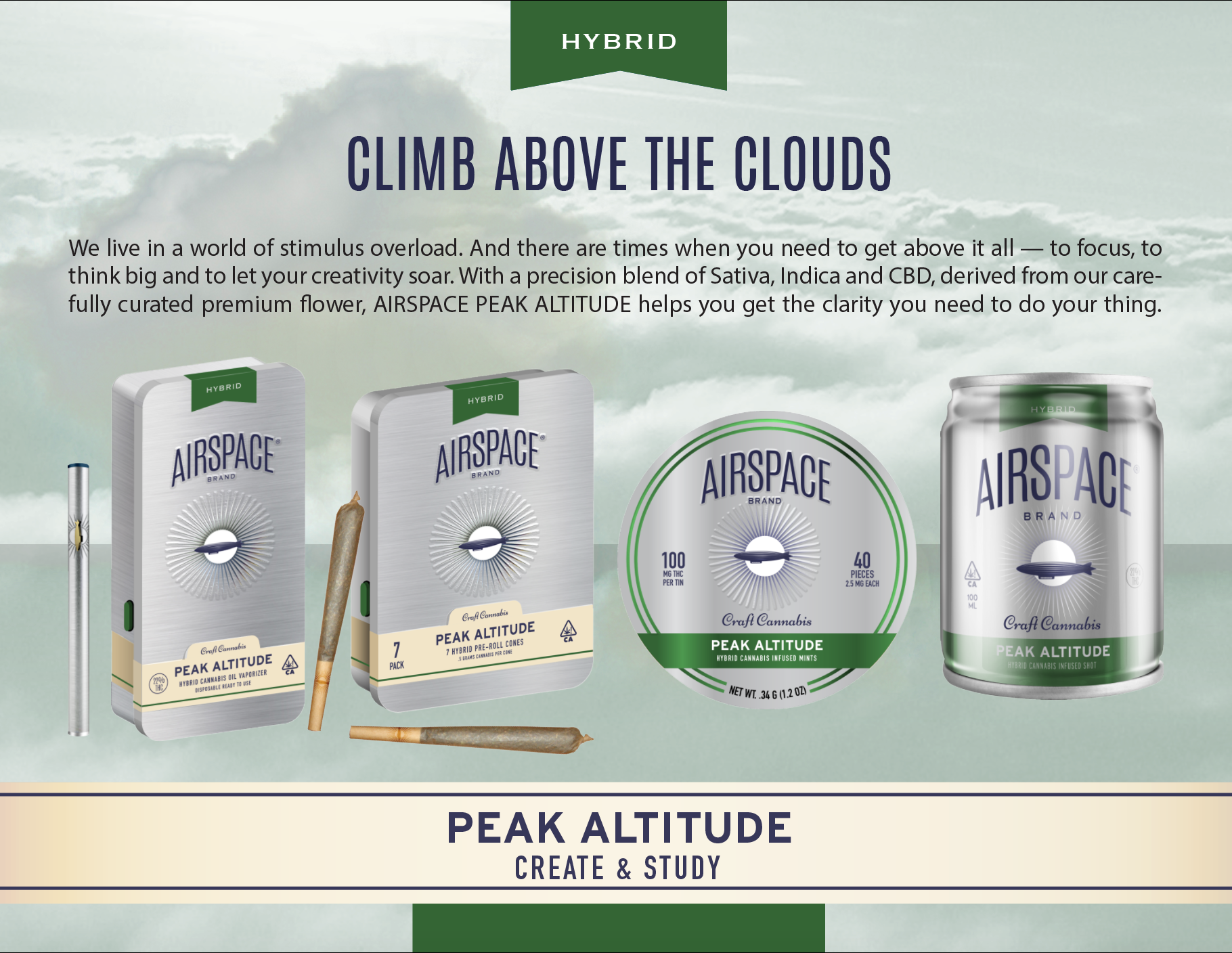 Packaging of Airspace Peak Altitude hybrid cannabis infused products, including pre-roll cones, mints, and a hybrid cannabis infused shot, with a background of clouds and a green banner labeled 'Hybrid.'