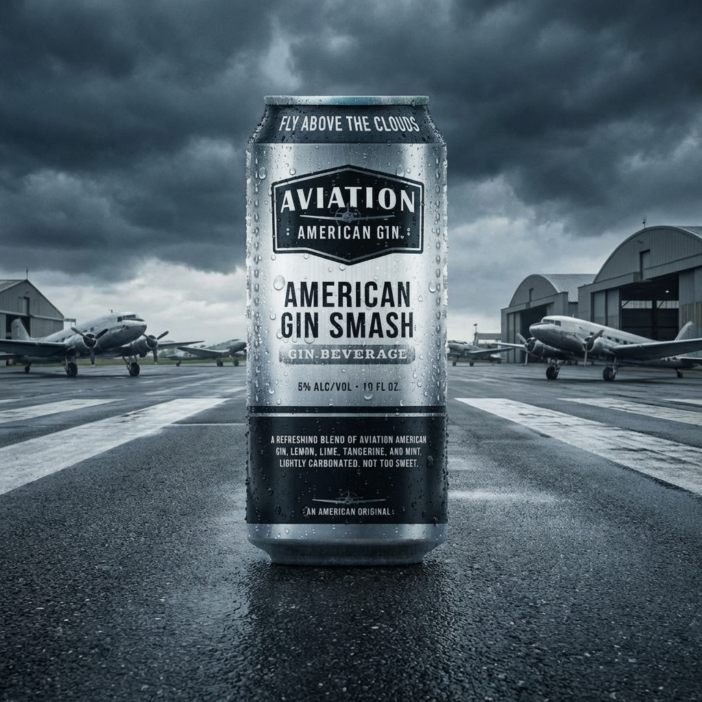 A can of Aviation American Gin Smash placed on an airplane runway with hangars and vintage airplanes in the background, under a dark cloudy sky.