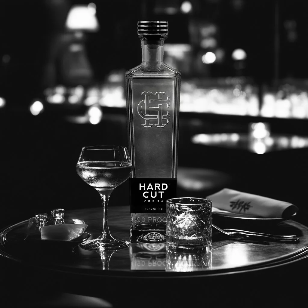 A bottle of Hard Cut vodka, a glass of vodka, a glass with ice, a napkin, and a spoon on a reflective tray in a dimly lit setting.