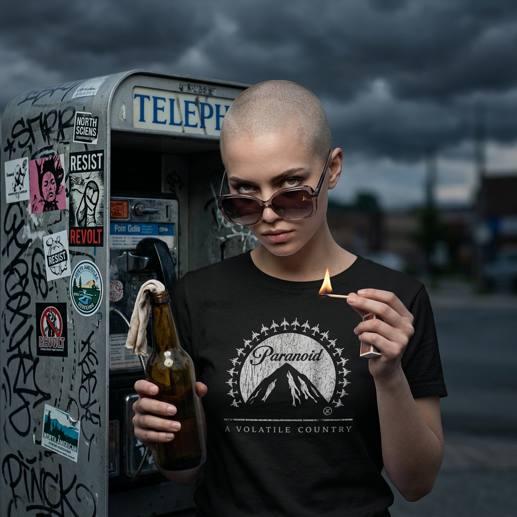 A woman with a shaved head and sunglasses standing outside near a graffiti-covered payphone booth on a cloudy day, holding a beer bottle in one hand and a matchstick with a flame in the other.