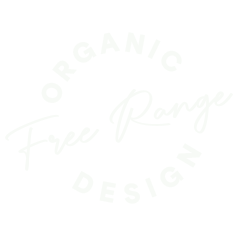 A circular logo with the words 'ORGANIC', 'FREE RANGE', and 'DESIGN', arranged around the edge. The center features the text 'Free Range' in a cursive font.