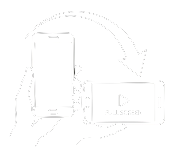 Line drawing of two smartphones, one held in a left hand and the other in a right hand, with an arrow between them indicating switching to full screen mode.