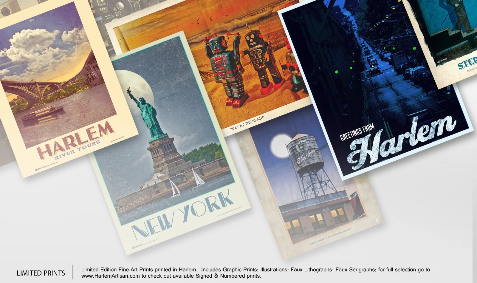 Collection of vintage-style postcards featuring icons of Harlem, including the Brooklyn Bridge, Statue of Liberty, water tower, and city street scene at night, with text references to Harlem.