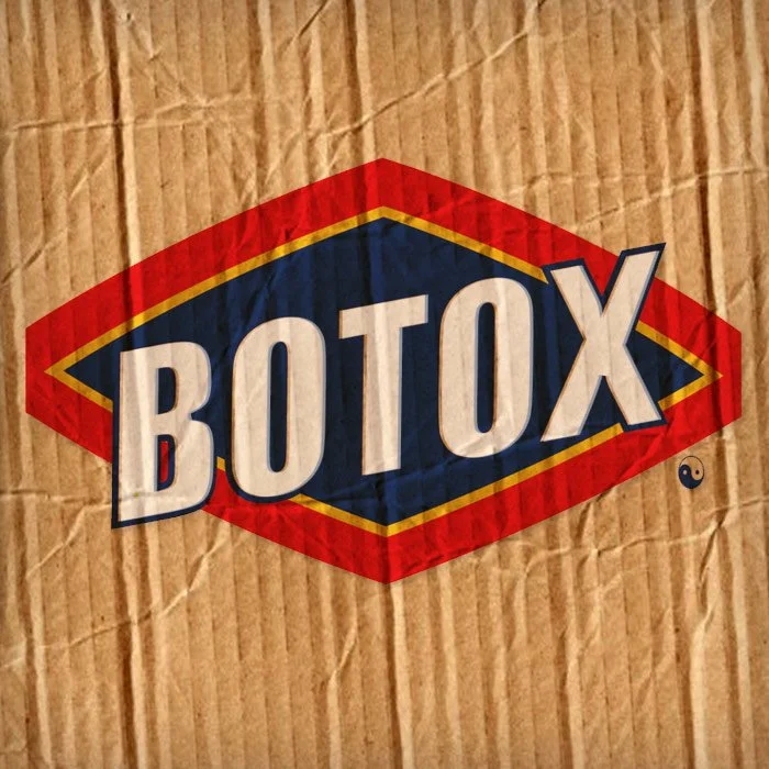 A cardboard box with a label that says "Botox" in stylized letters with a diamond-shaped background in red, yellow, and blue colors, and a yin-yang symbol in the bottom right corner.