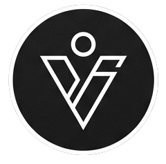 Black circular logo with a white stylized 'V' and a small circle above it.