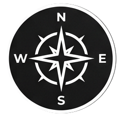 A black circular graphic of a compass rose with white outlines, showing the cardinal directions: north, east, south, and west.