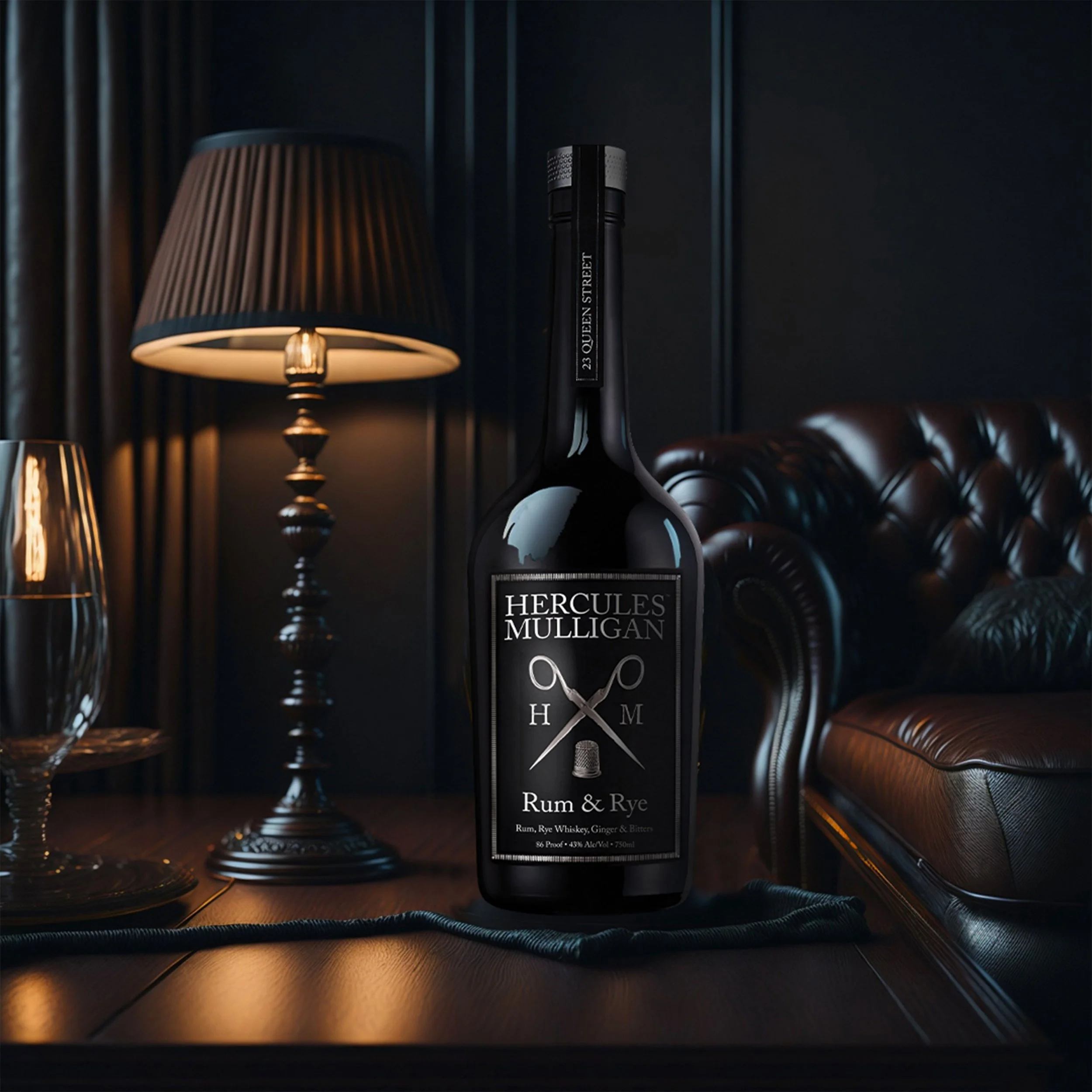 A black bottle of Hercules Mulligan Rum & Rye standing on a dark wooden surface next to an ornate black table lamp with a dark gray shade. The bottle label includes the name, ingredients, proof, alcohol content, and volume information. The background features a dark interior with vertical stripes and reflection of a leather armchair.