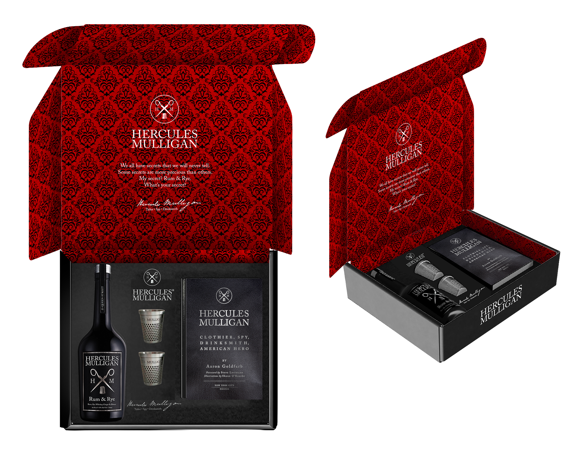 Open packaging box displaying Hercules Mulligan branded whisky, a booklet, two shot glasses, and a bottle of whisky, with a red patterned interior