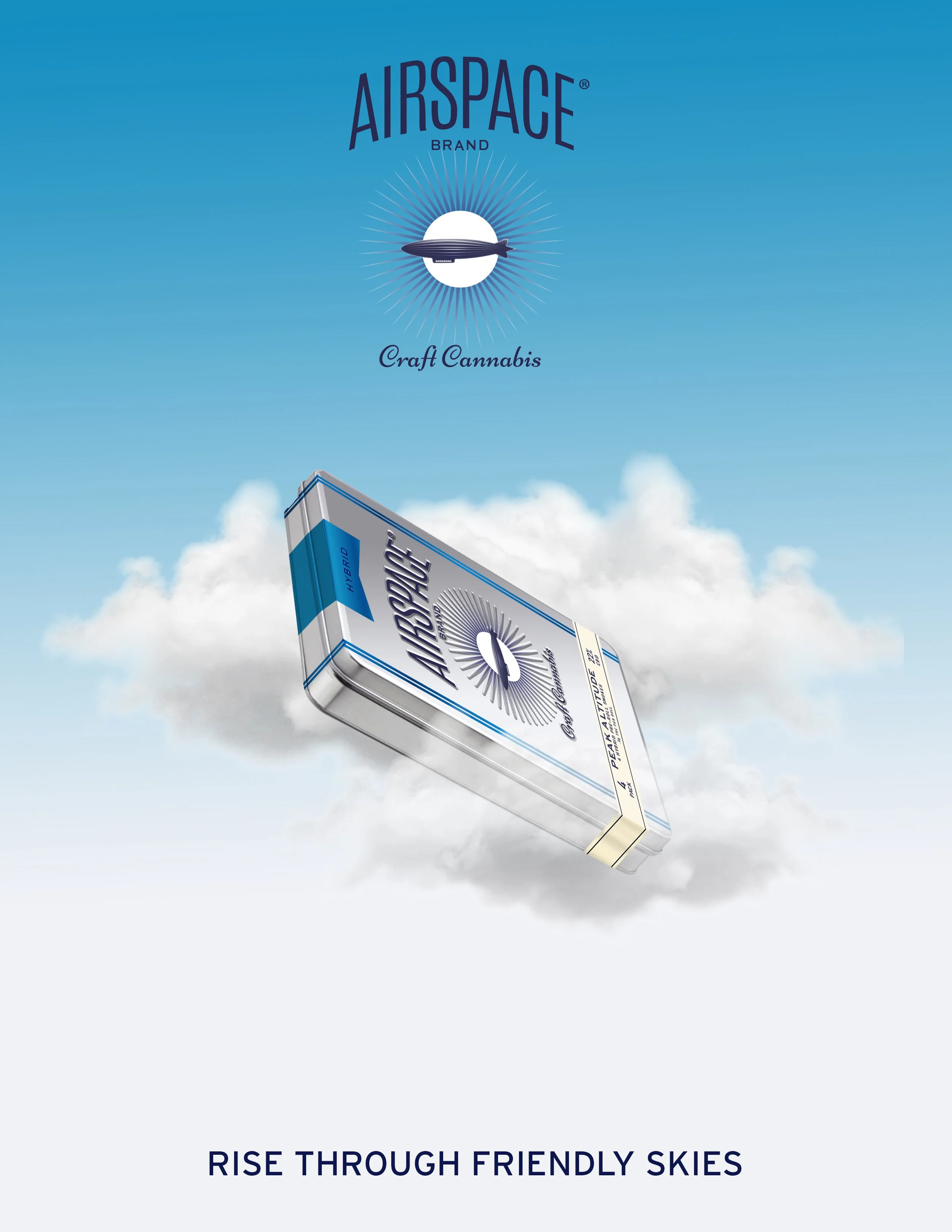 A box of Airspace craft cannabis with a sky background and clouds, and the slogan 'Rise Through Friendly Skies' at the bottom.