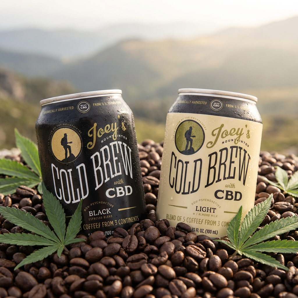 Two cans of Joey's Cold Brew with CBD placed on coffee beans with green leaves in the foreground, mountains and sky in the background.