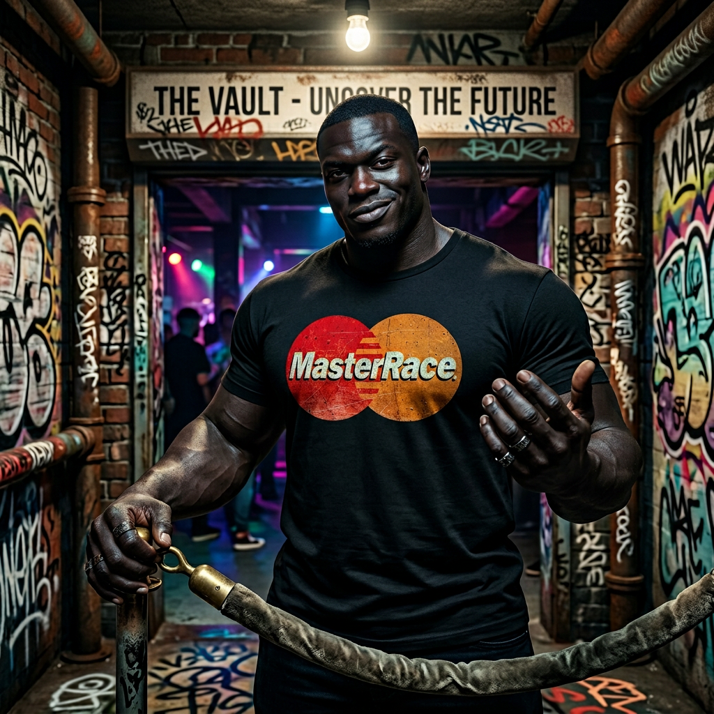 A smiling man in a black Master Race T-shirt stands in front of a graffiti-covered wall under a sign that reads 'The Vault - Unlock The Future.' He is holding a rope and gesturing with his other hand inside a vibrant, graffiti-filled urban environment.