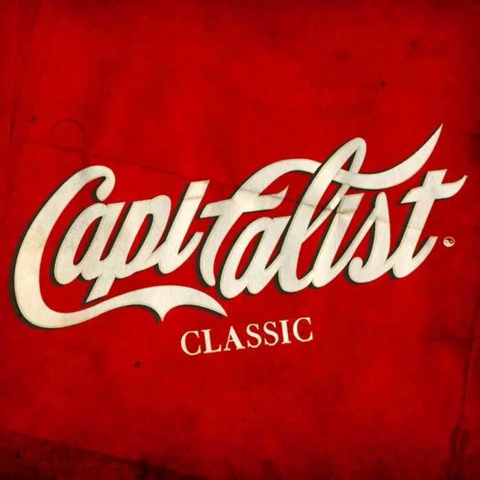 Close-up of a red surface with the white text 'Capitalist Classic' in a stylized font.
