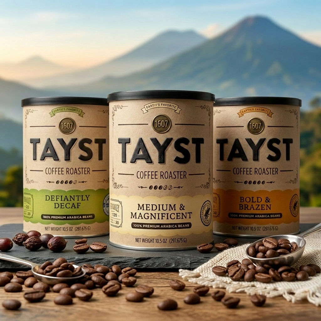 Three cans of Tayst coffee roast with a mountain landscape background, scattered coffee beans, and a spoonful of beans on a wooden surface.