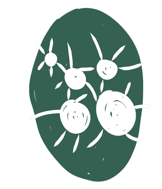 Stylized drawing of five smiling sun-like figures on an oval green background.