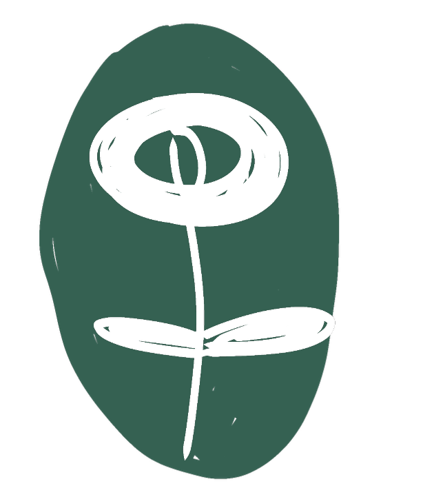 Stylized white flower with a circular bloom and two leaves on a dark green background