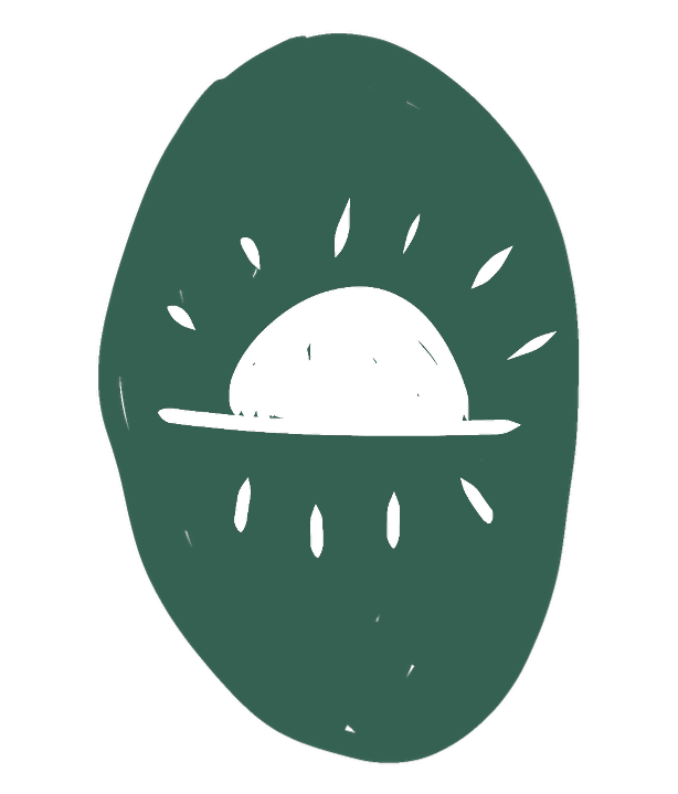 Illustration of a sunset or sunrise with a semi-circular sun partially below the horizon and rays emanating from it, set against a background of dark green and black colors.