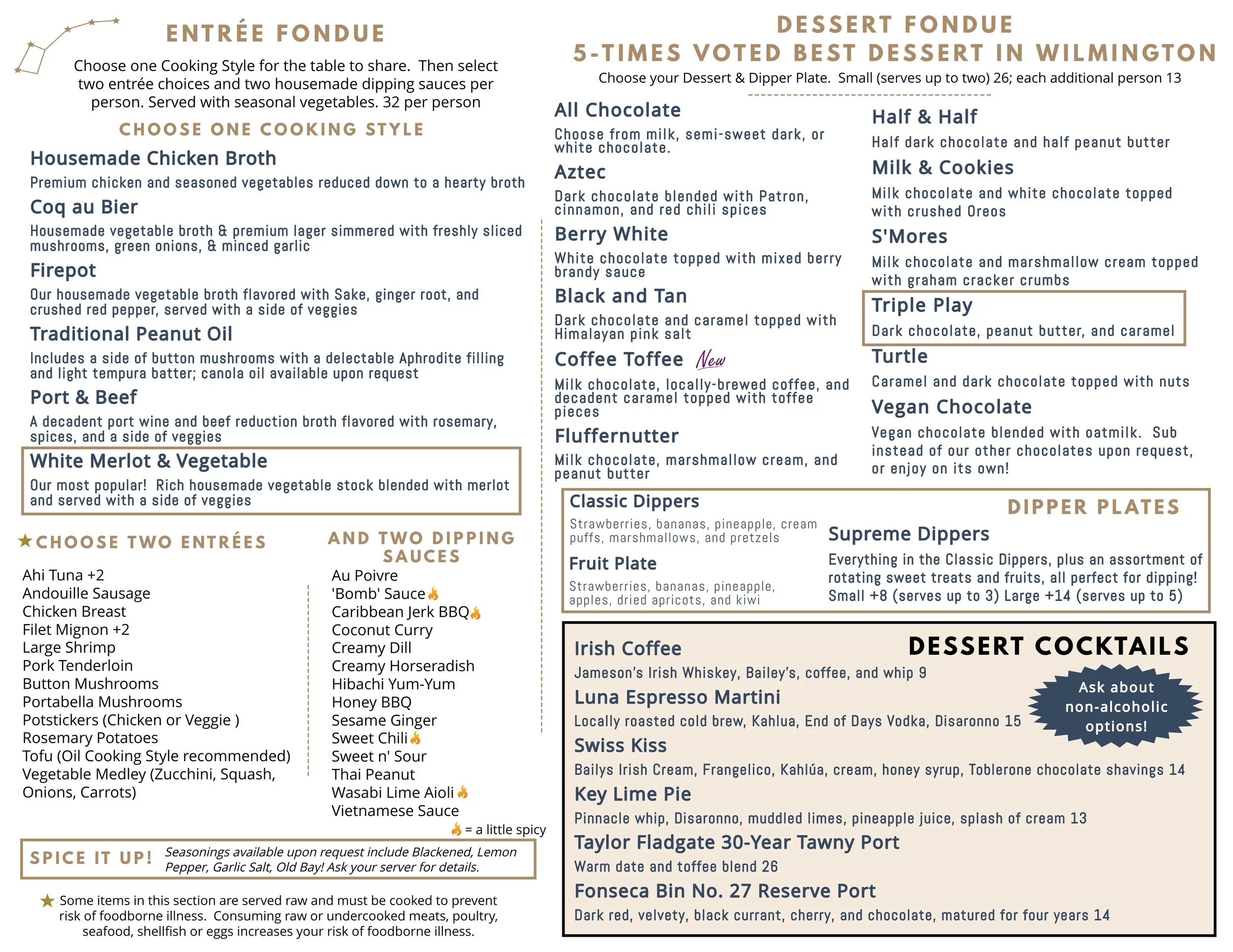 Fondue Menu — Restaurant Downtown Wilmington NC Little Dipper Fondue