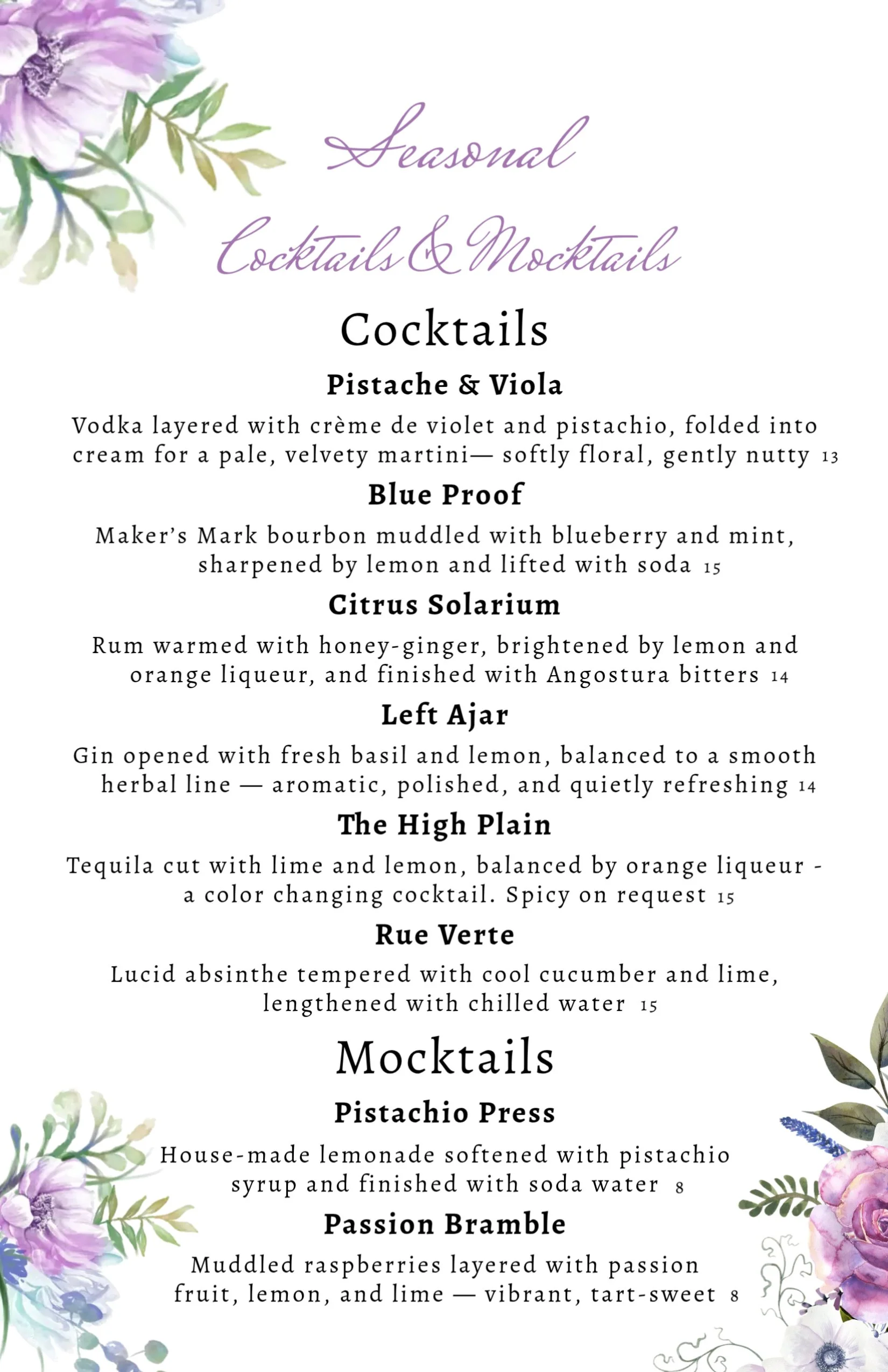 Current Seasonal Craft Cocktail List
