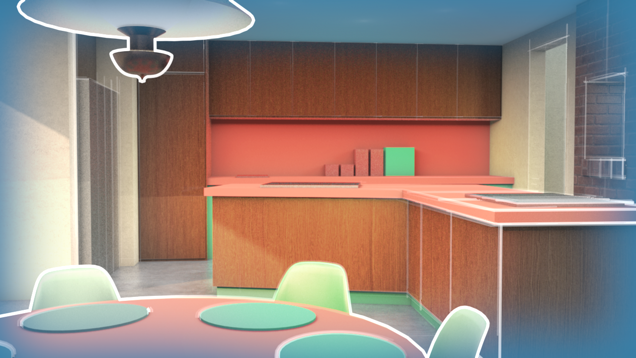 Modern kitchen interior with a round dining table, green chairs, wooden cabinets, and a red countertop. The room features minimalistic design elements and a pendant light.