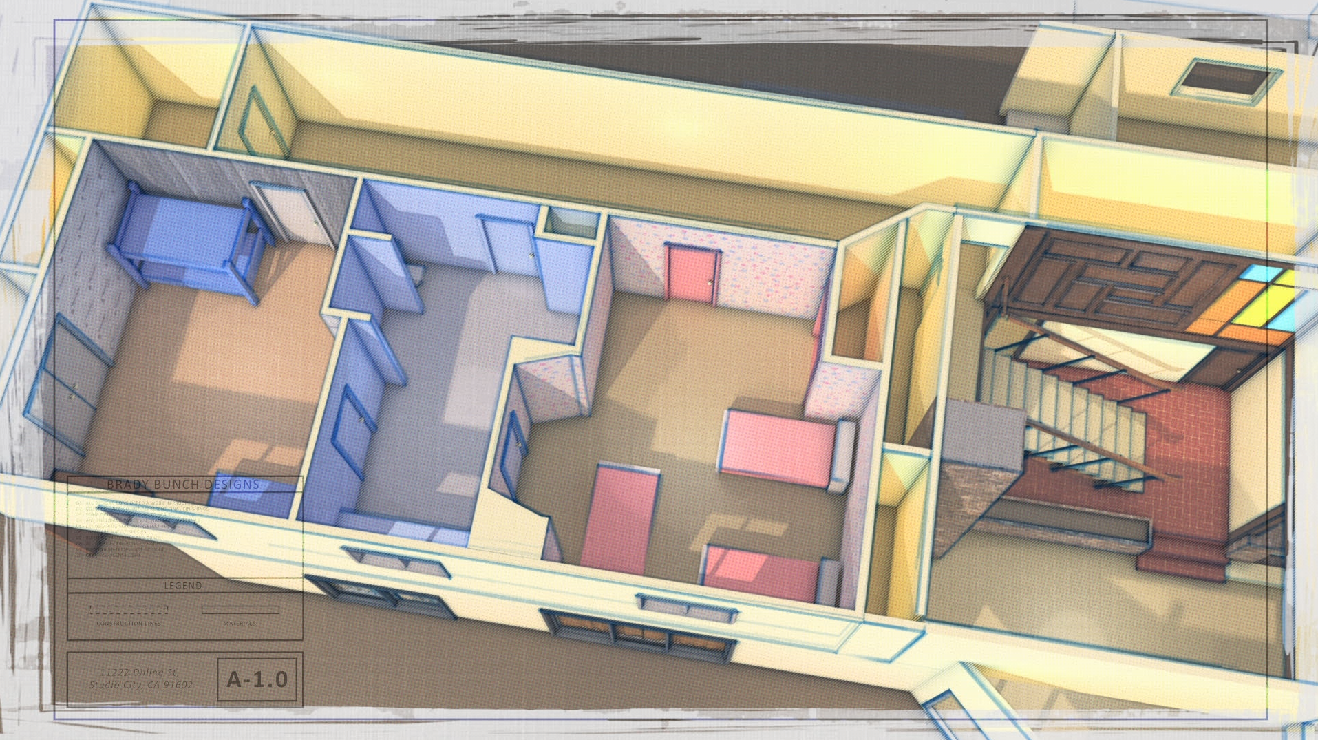 3D floor plan layout with multiple rooms, including bedrooms, hallways, and a staircase. Includes details like doors, furniture, and color-coded zones.