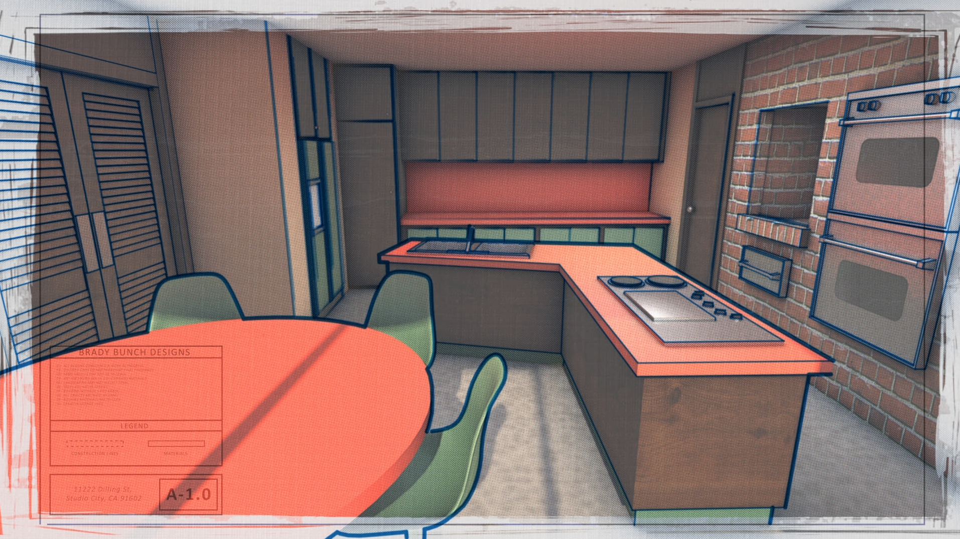 3D rendering of a vintage kitchen with orange and green color scheme, round table with chairs, U-shaped counter, stove, and brick wall with built-in ovens.