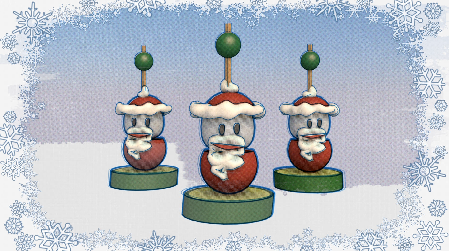 Three cartoonish Santa figures with round red and white hats and snow-like beards, each on a green base, set against a winter-themed background with snowflake borders.