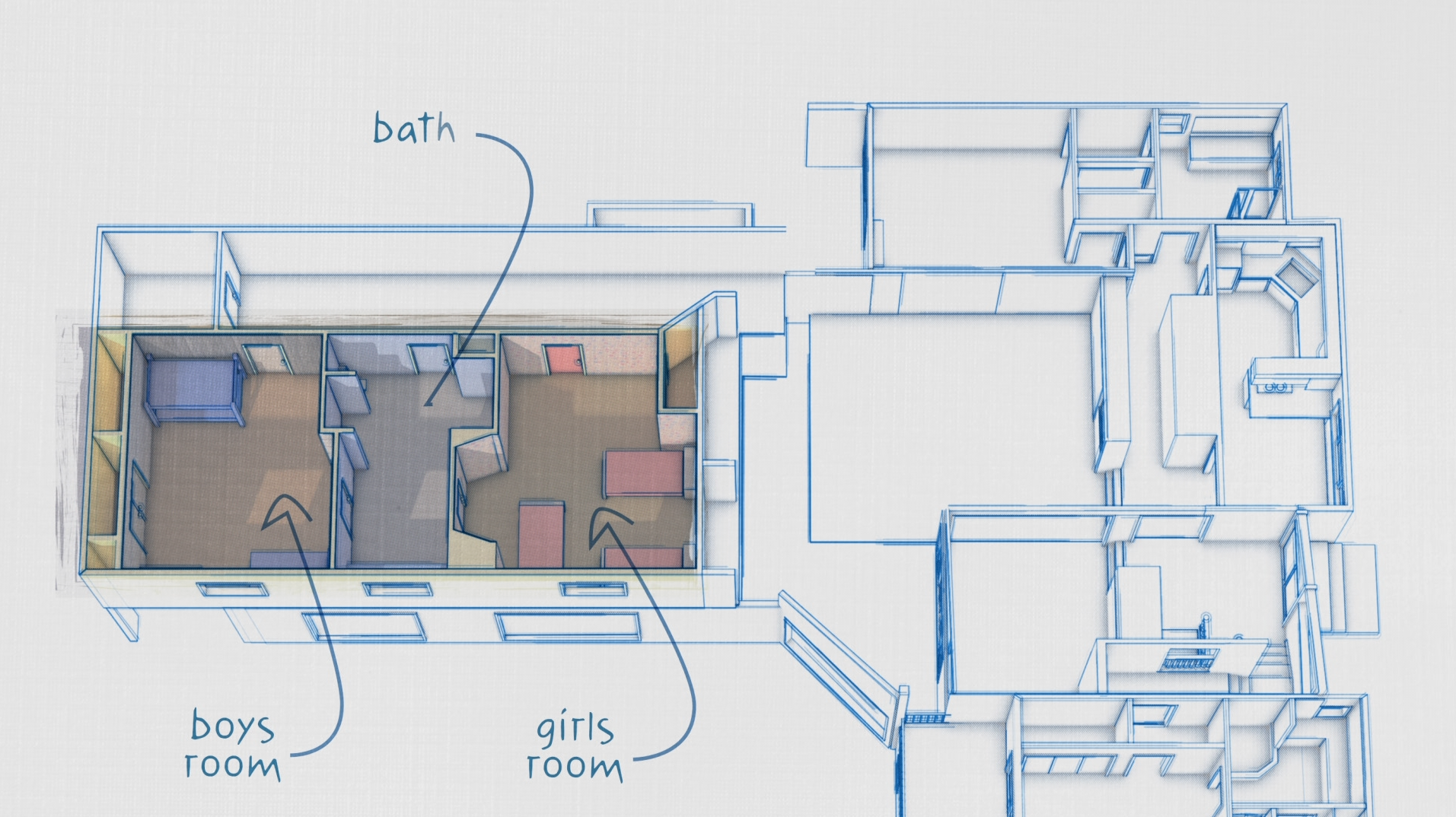 Blueprint of a house interior showing labeled boys' room, girls' room, and bathroom.