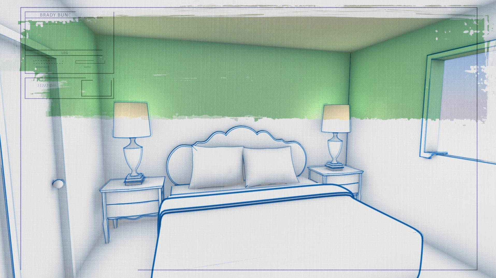 Sketch of a bedroom with a bed, two side tables, and two lamps. The walls are partially green, with a window on the right.