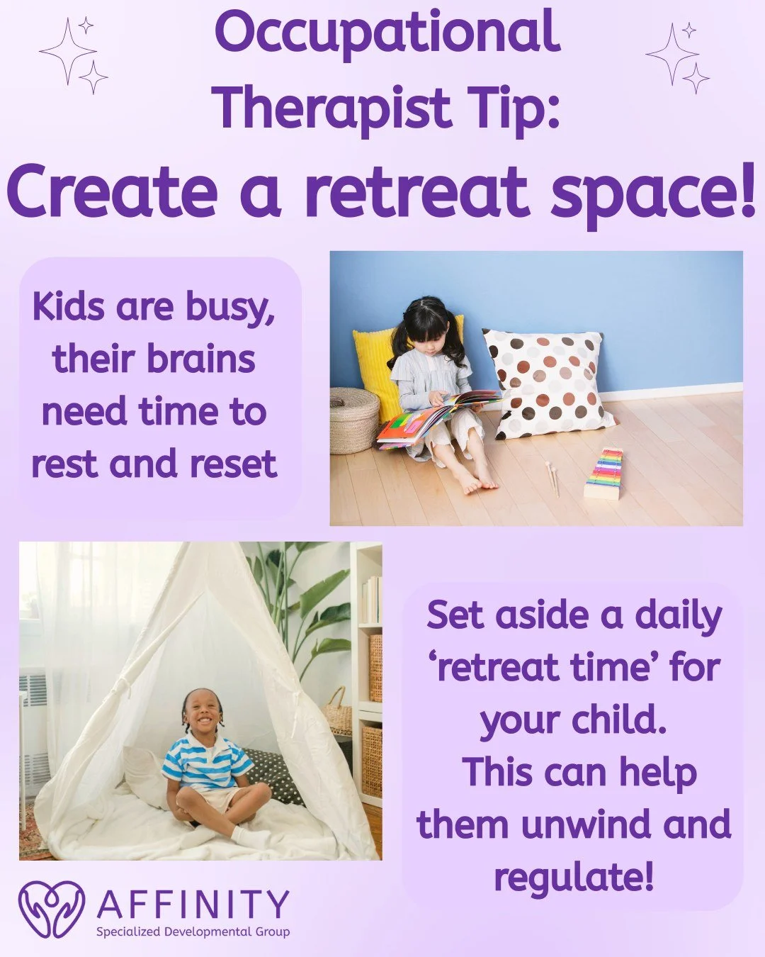Occupational Therapy (OT) Tip for Parents &amp; Caregivers 💡
 One of the most powerful tools we can give kids today is a daily retreat space &amp; time.
Between school, activities, and busy routines, children rarely get quiet time to just be.
Try se