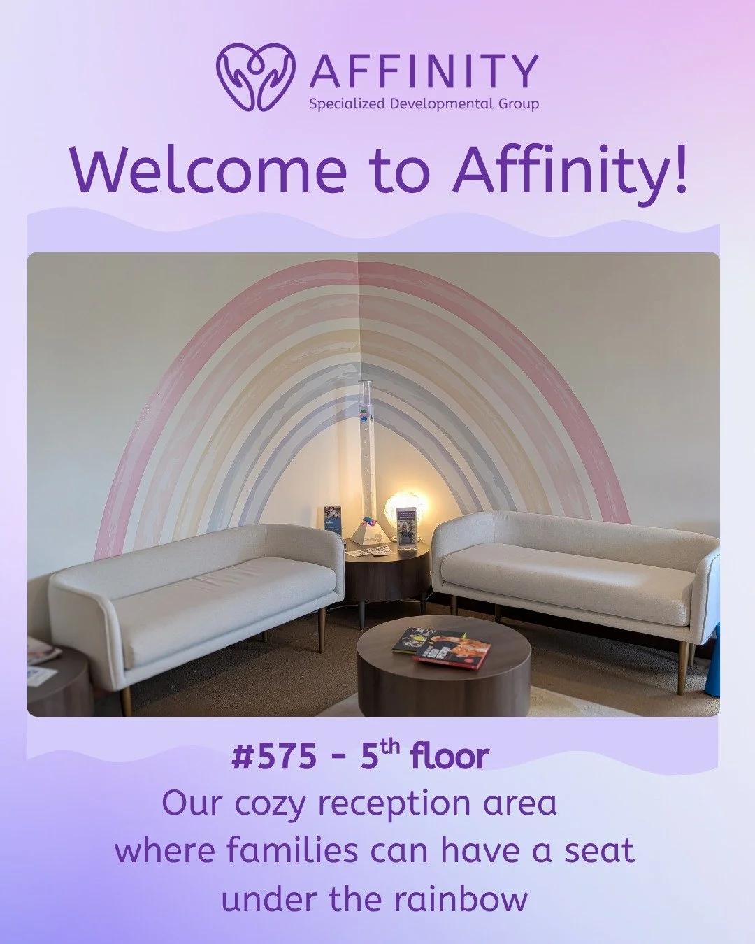 Welcome to Affinity Group&rsquo;s 5th Floor Office!  #575
This is our larger office space, home to our dedicated administrative team and the central hub for our multidisciplinary assessment and intervention services, including psychology, speech-lang