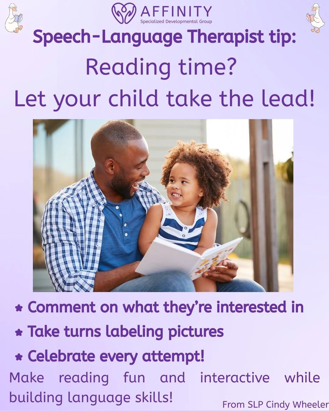SLP Tip: Follow your child&rsquo;s lead with books! 📚
 
Point to what they find interesting, take turns labeling pictures, celebrate their efforts&mdash;every attempt counts!
This makes reading fun, interactive, and a perfect chance to build languag