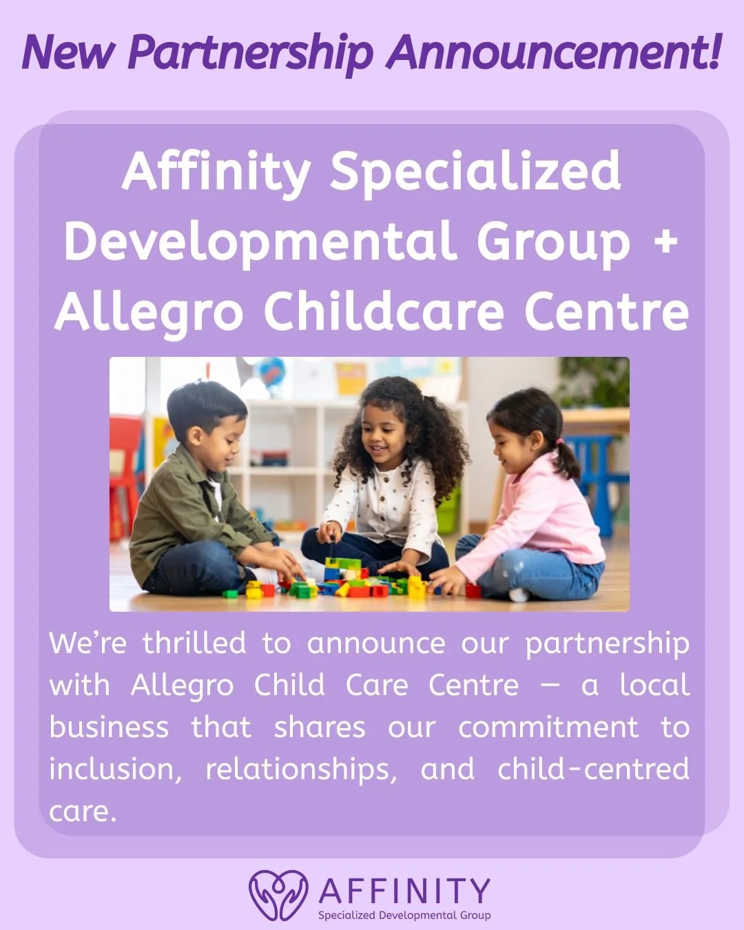 We are so excited to announce Affinity's new partnership with Allegro Child Care Centre! Our talented Speech-Language Pathologists will be providing on-site screening for kiddos getting ready to start school-because early identification supports heal